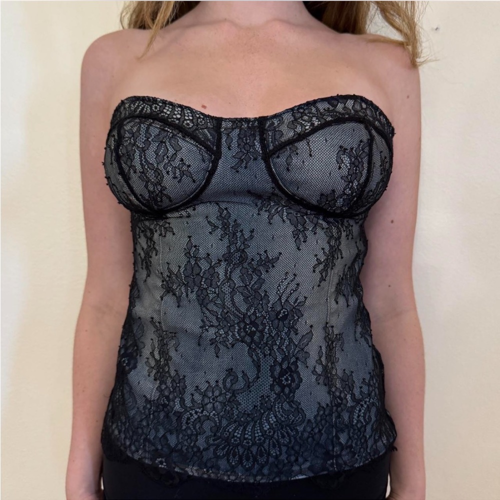 Guess Blue & Black Denim-like Lace Corset Top